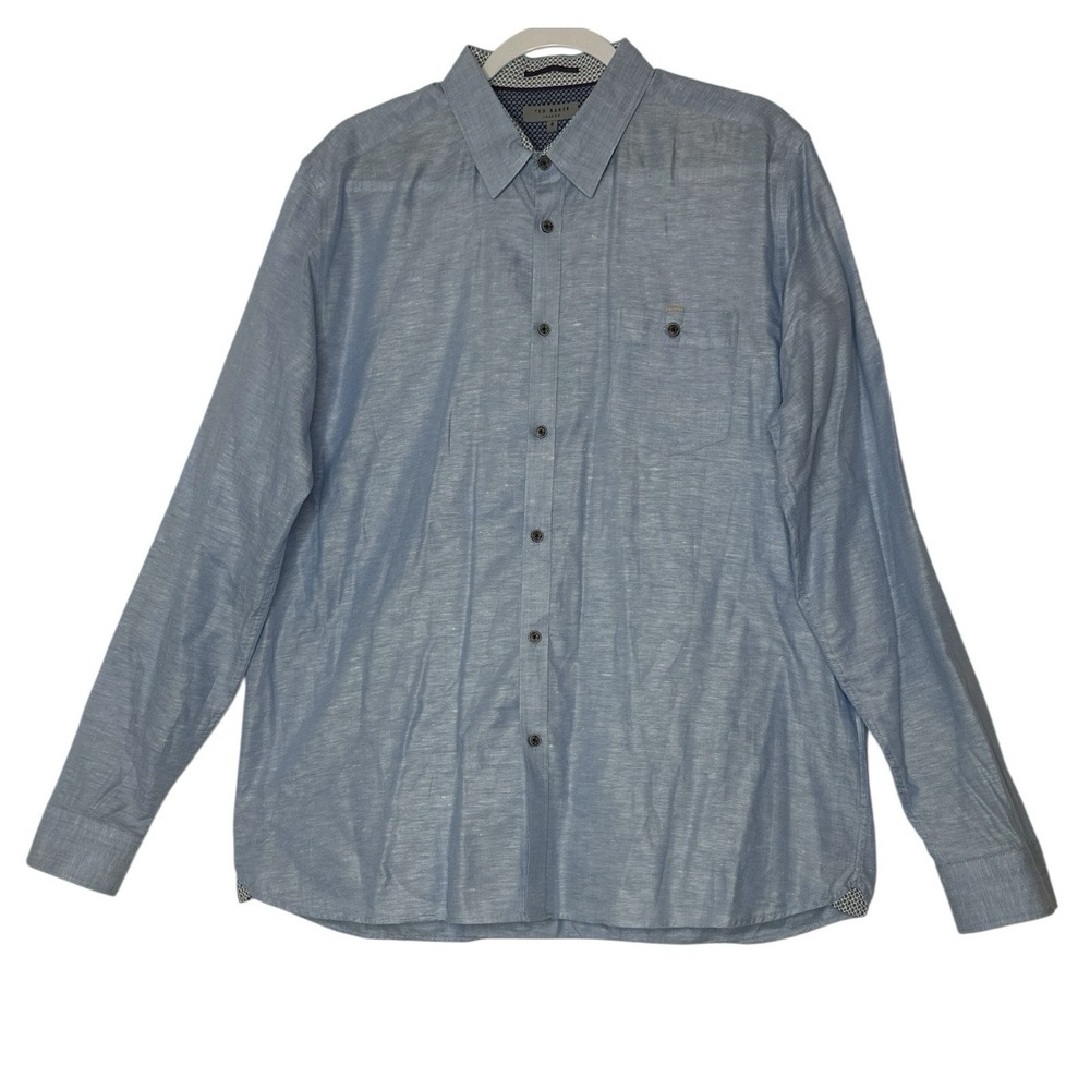 Ted Baker Button‎ Up Shirt Mens Size 6 Long Sleeve Blue Linen Blend Pocket